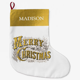 White Gold Elegant Merry Christmas Rustic Vintage Large Christmas Stocking