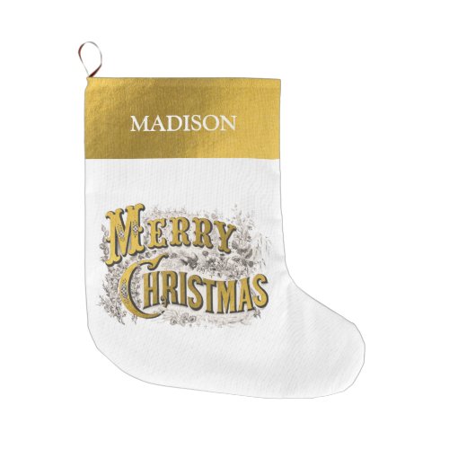 White Gold Elegant Merry Christmas Rustic Vintage Large Christmas Stocking