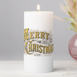 White Gold Elegant Merry Christmas Rustic Vintage Pillar Candle