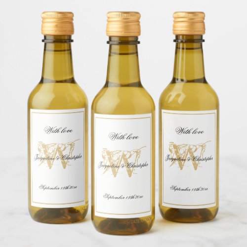 White  Gold Elegant Monogram Chic Wedding Mini  Wine Label
