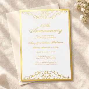 White Gold Elegant Swirl 50th Wedding Anniversary Foil Invitation