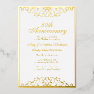White Gold Elegant Swirl 50th Wedding Anniversary  Foil Invitation