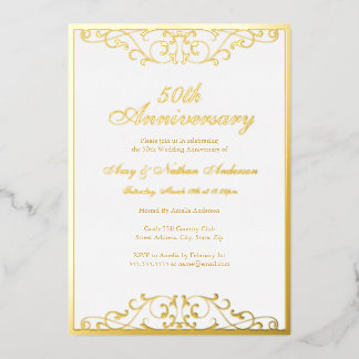 White Gold Elegant Swirl 50th Wedding Anniversary  Foil Invitation
