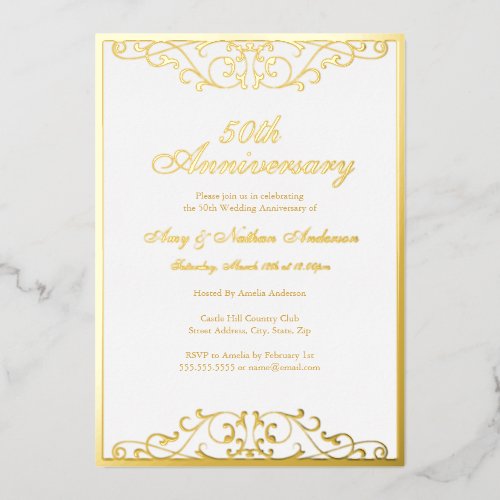 White Gold Elegant Swirl 50th Wedding Anniversary  Foil Invitation