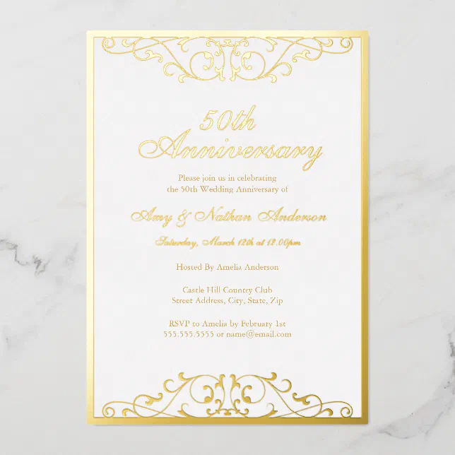 White Gold Elegant Swirl 50th Wedding Anniversary Foil Invitation | Zazzle