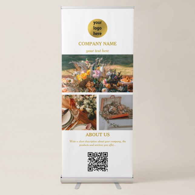 White & Gold Event Planning Entertainment Photos Retractable Banner (Front)