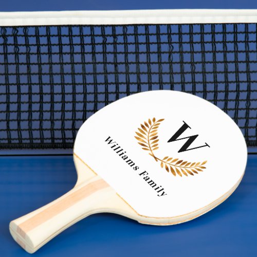 White gold family monogram name laurel wreath ping pong paddle