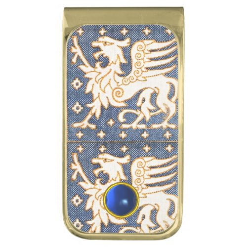 WHITE GOLD FANTASY GRYPHONS WITH BLUE GEMSTONE GOLD FINISH MONEY CLIP