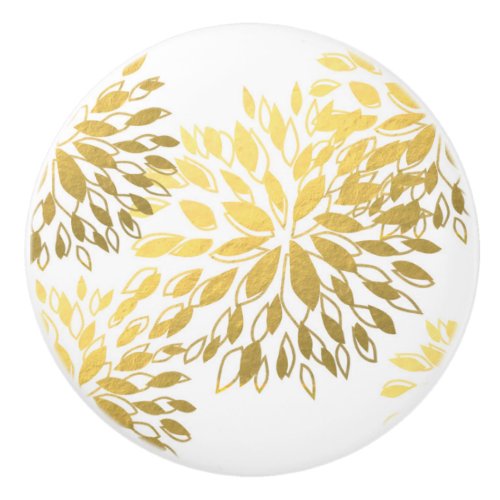 White  Gold Faux Foil Modern Flowers Floral Ceramic Knob