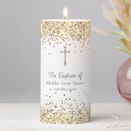 White  Gold Faux Glitter Baptism Keepsake  Pillar Candle