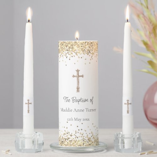 White  Gold Faux Glitter Baptism Keepsake  Unity Candle Set