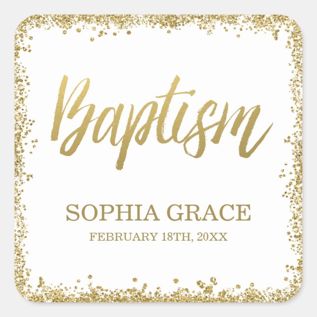 White Gold Faux Glitter Baptism Square Sticker (Front)