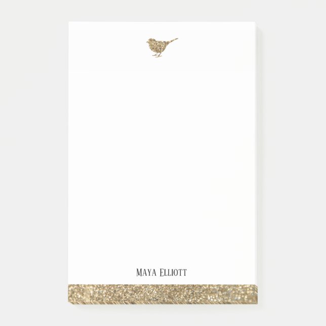 White & Gold Faux Glitter Bird & Border, Name Post-it Notes (Front)
