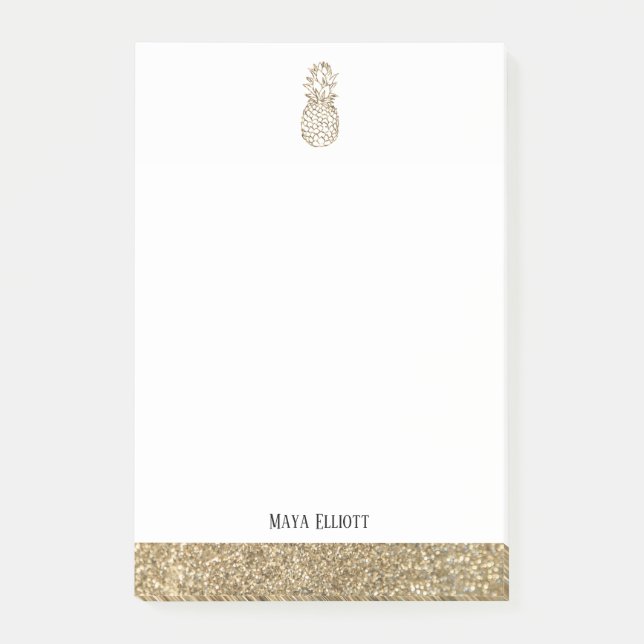 White + Gold Faux Glitter Pineapple & Border Post-it Notes (Front)