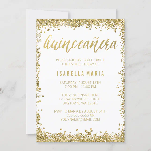 White Gold Faux Glitter Quinceanera 15th Birthday Invitation | Zazzle