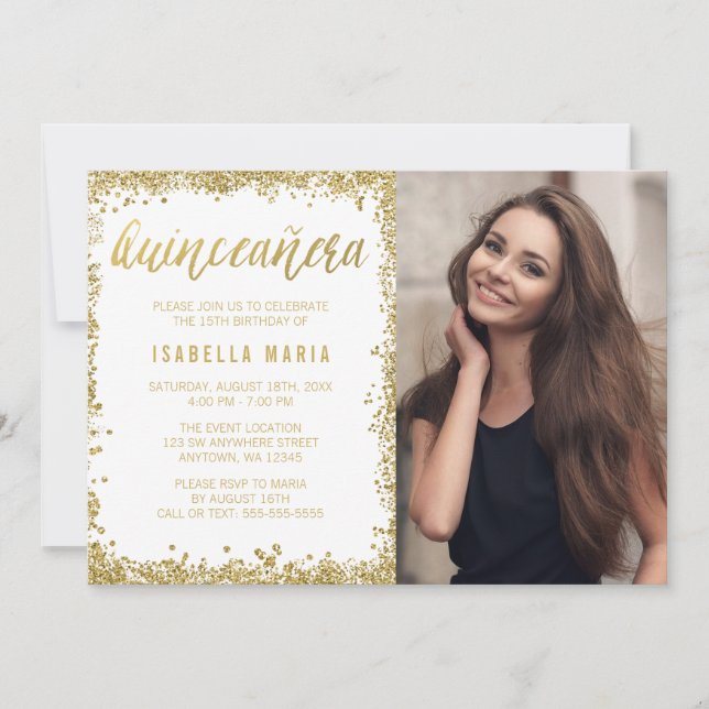 White Gold Faux Glitter Quinceanera 15th Birthday Invitation (Front)