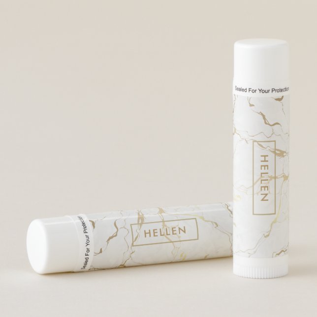 White & Gold Faux Marble Monogram. Lip Balm (Front)