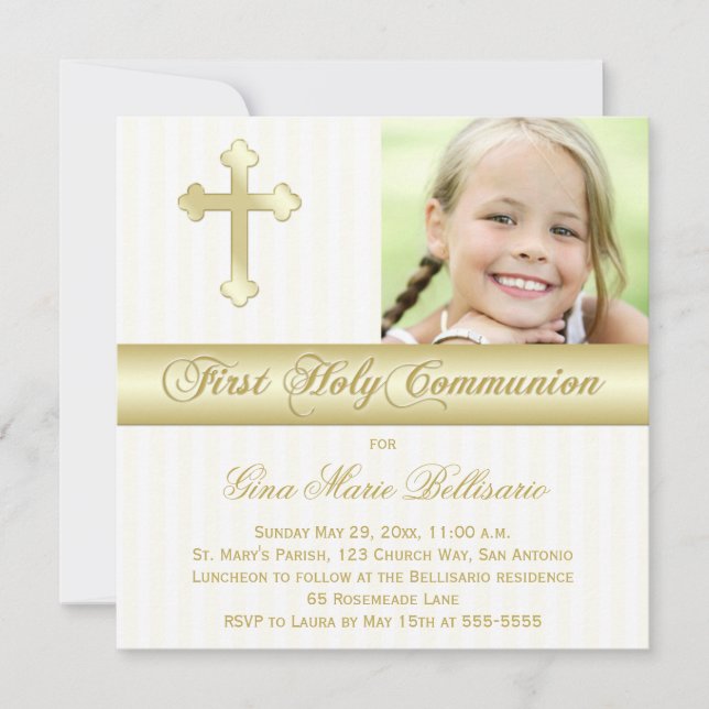 White Gold First Holy Communion Photo Invitation (Front)