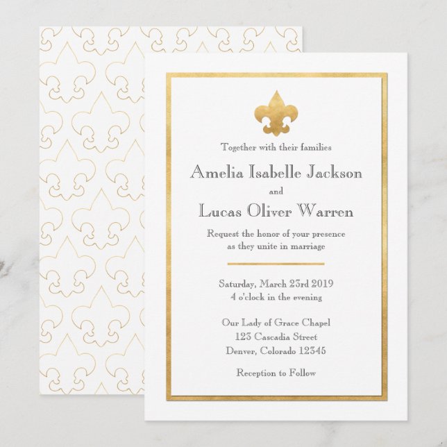 White & Gold Fleur De Lis Wedding Invitation (Front/Back)