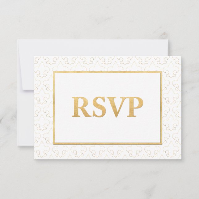 White & Gold Fleur De Lis Wedding RSVP Card (Front)