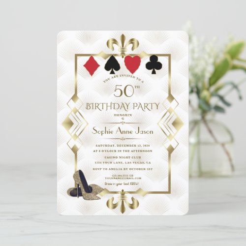 White Gold Fleur_deLis Casino Vegas Poker Birthday Invitation