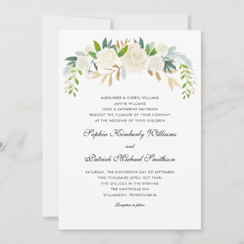 White Gold Floral  3 sets parents wedding Invitation