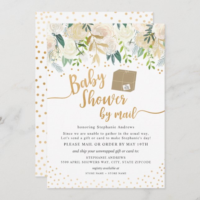 White Gold Floral Baby Shower by mail Invitation (Front/Back)