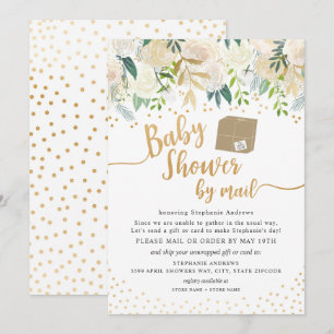 White Gold Floral Baby Shower by mail Invitation