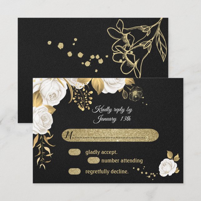 white gold floral black  RSVP card (Front/Back)