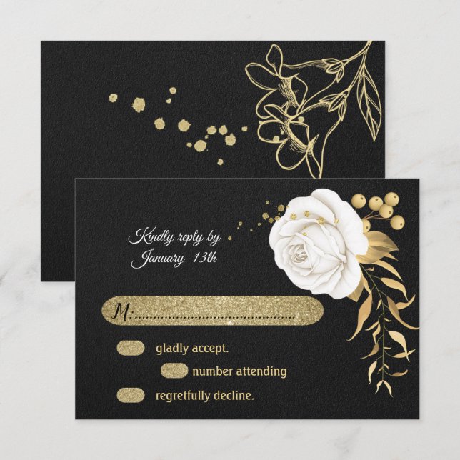 white gold floral black  RSVP card (Front/Back)