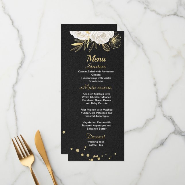 white gold floral black wedding menu (Front/Back In Situ)