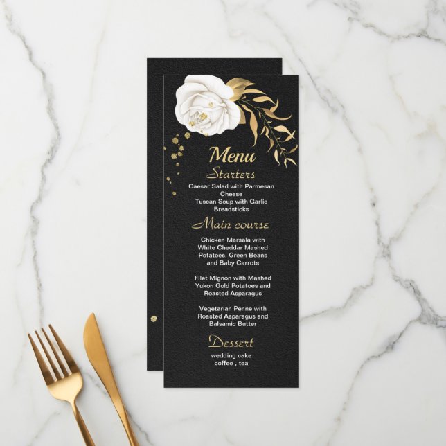 white gold floral black wedding menu (Front/Back In Situ)