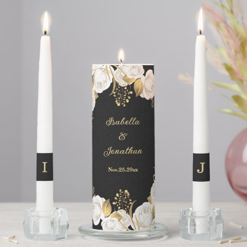 white gold floral black wedding  unity candle set