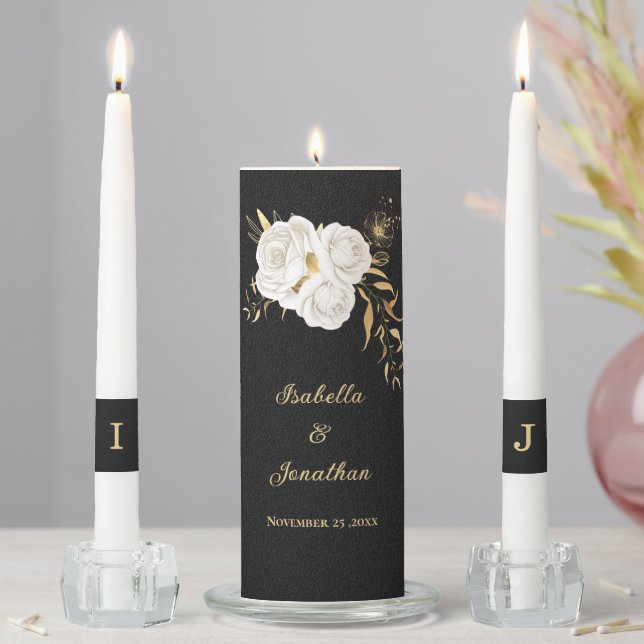 white gold floral black wedding  unity candle set (In Situ)