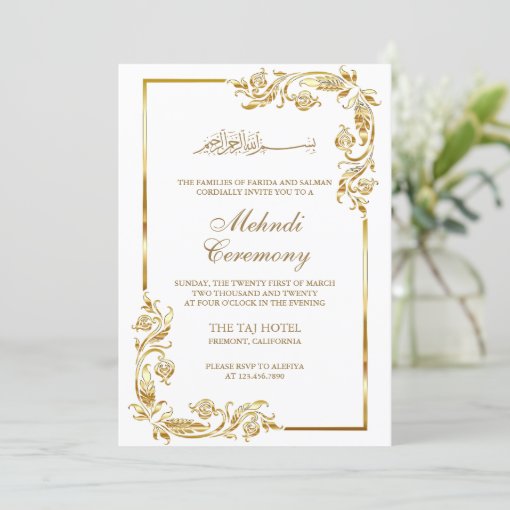 White Gold Floral Border Islamic Mehndi Ceremony Invitation | Zazzle