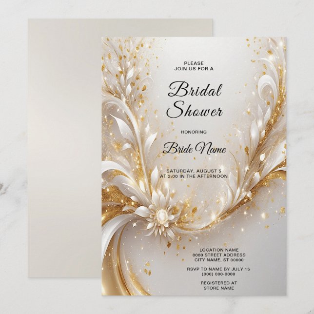 White Gold Floral Bridal Shower Invitation (Front/Back)