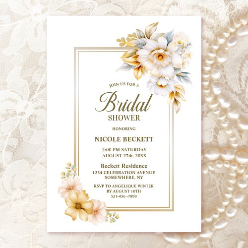 White Gold Floral Bridal Shower Invitation