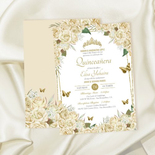 White Gold Floral Butterfly Cream Rose Quinceanera Invitation