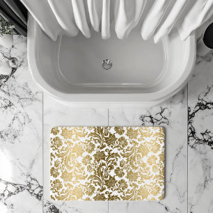 White & Gold Floral Damasks Pattern Bath Mat