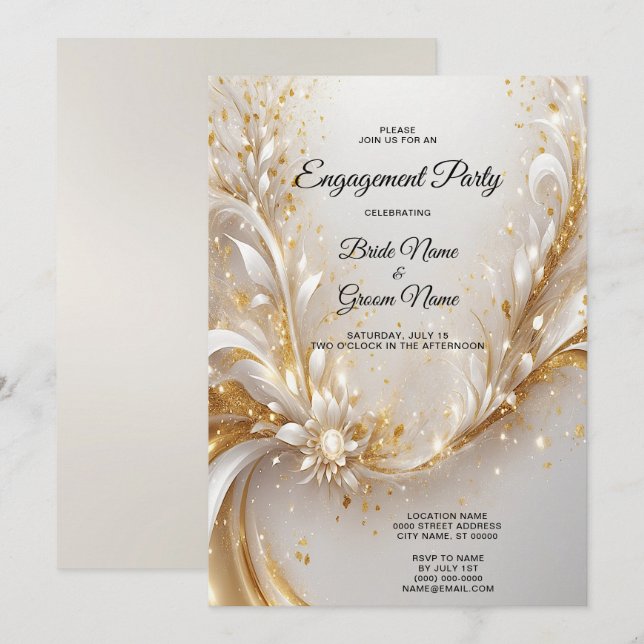 White Gold Floral Engagement Invitation (Front/Back)