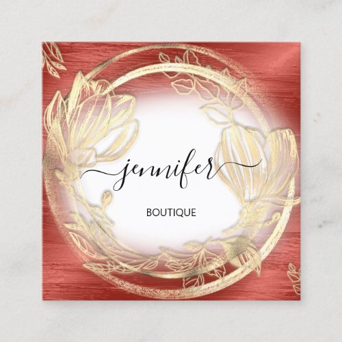  White Gold Floral Frame QRCode Logo Burgundy Square Business Card