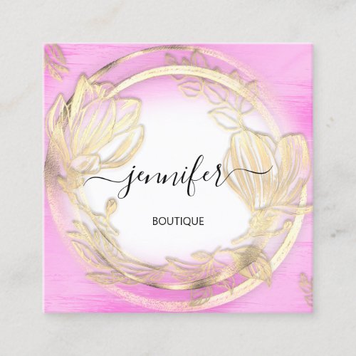  White Gold Floral Frame QRCode Logo Pink  Square Business Card