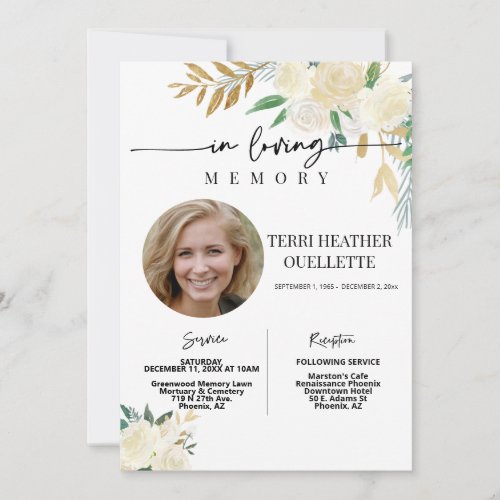 White Gold Floral Funeral Memorial Service Photo Invitation
