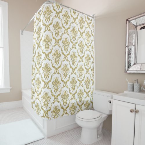 White  Gold Floral Geometric Damasks Shower Curtain