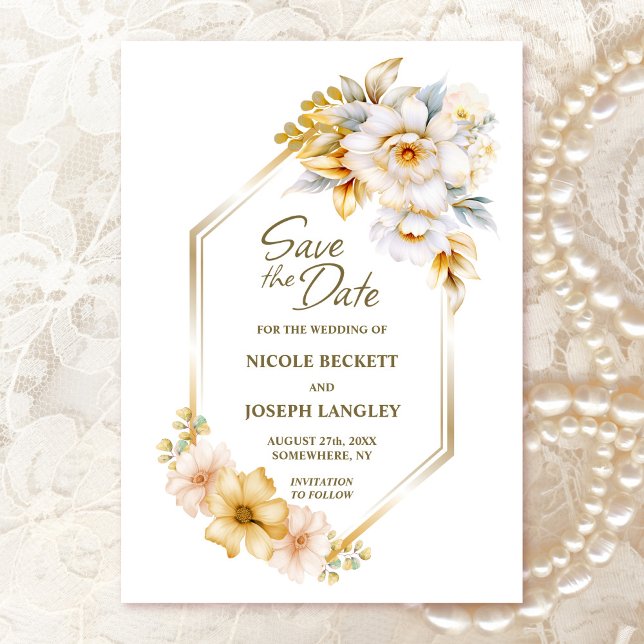 White Gold Floral Geometric Wedding Save the Date  (Creator Uploaded)