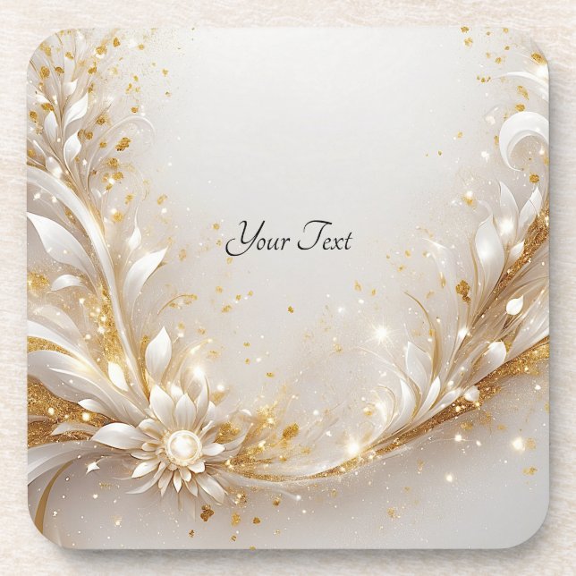 White Gold Floral Hard Plastic Coaster (Front)