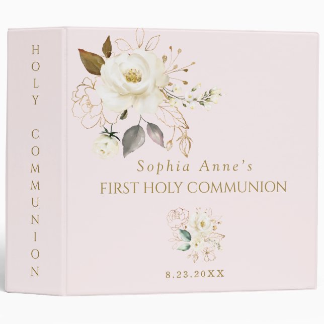 White Gold Floral Holy Communion Photo Album 3 Ring Binder (Front/Spine)