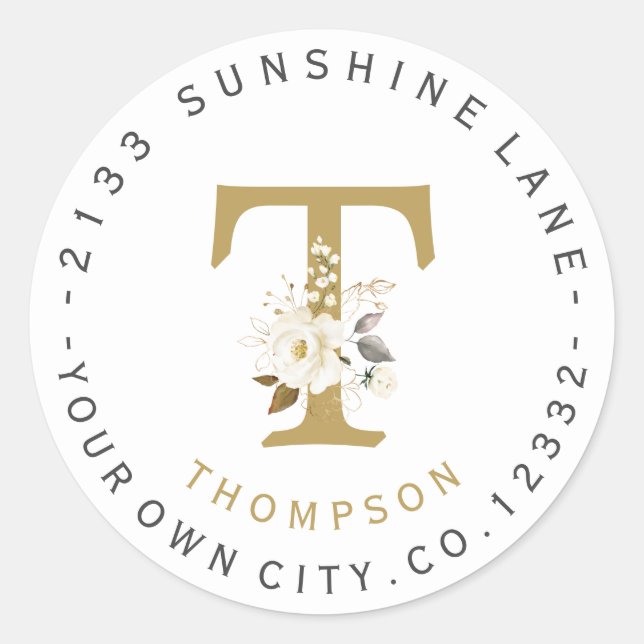 White Gold Floral Monogram Circular Address Label (Front)