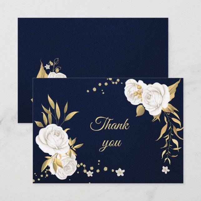 white gold floral navy blue thank you card (Front/Back)