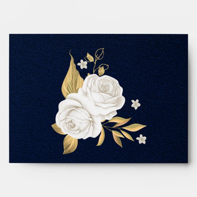 white gold floral navy blue wedding envelope (Front)